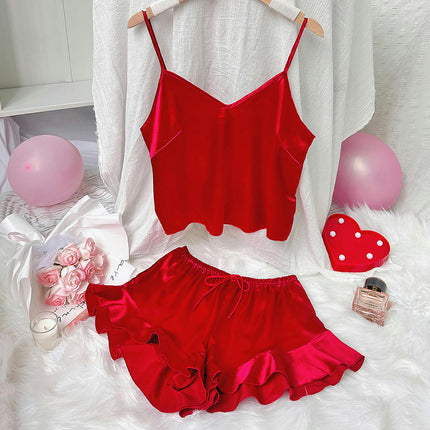 Women's Sexy Imitation Silk Satin Ruffled Pajamas Sets Cami Shorts Sets Sleepwear