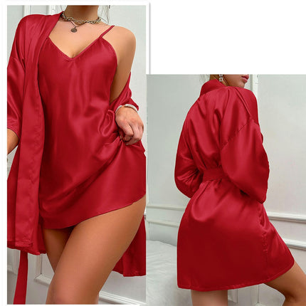 Women's Imitation Silk Pajama Set 2 Piece Lingerie Set Scarf Neck Suspender Pajama Set