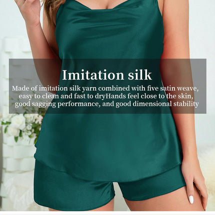 Women V Neck Sexy Lingerie Imitation Silk Satin Pajamas Cami Shorts Set Nightwear