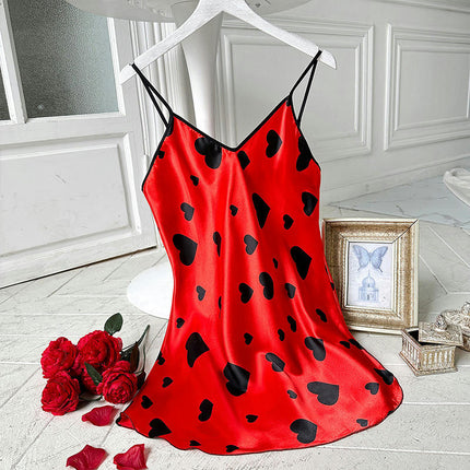 Women's Imitation Silk Nightgown Love V-neck Spaghetti Strap Nightdress