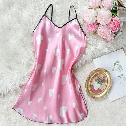 Women's Imitation Silk Nightgown Love V-neck Spaghetti Strap Nightdress