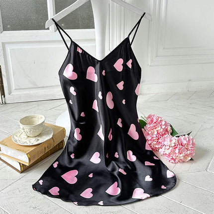 Women's Imitation Silk Nightgown Love V-neck Spaghetti Strap Nightdress