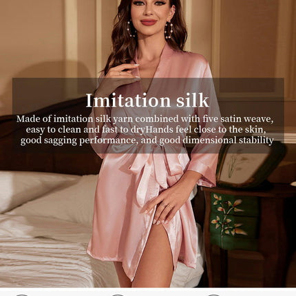 Women's Imitation Silk Satin Robe Valentines Lingerie for Women Kimono Bathrobe Short Belted Robes