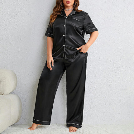 Women's Imitation Silk Pajama Set, 2-Piece Lapel Short-Sleeved Top and Trousers