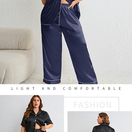 Women's Imitation Silk Pajama Set, 2-Piece Lapel Short-Sleeved Top and Trousers