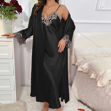 Women's Long Suspender Dress Nightgown 2-piece Set-Imitation Silk  Lace-up Sexy Pajamas Home Clothes