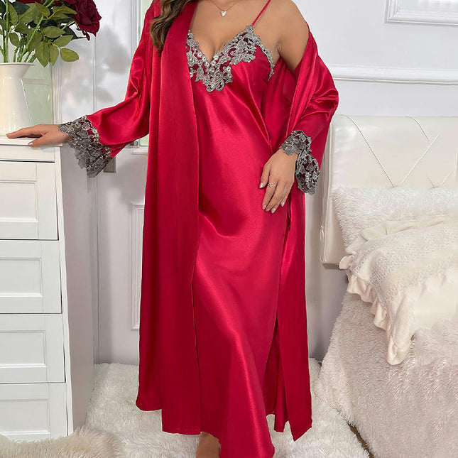 Women's Long Suspender Dress Nightgown 2-piece Set-Imitation Silk  Lace-up Sexy Pajamas Home Clothes