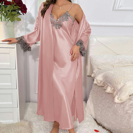 Women's Long Suspender Dress Nightgown 2-piece Set-Imitation Silk  Lace-up Sexy Pajamas Home Clothes