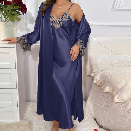 Women's Long Suspender Dress Nightgown 2-piece Set-Imitation Silk  Lace-up Sexy Pajamas Home Clothes