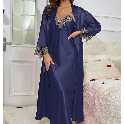 Women's Long Suspender Dress Nightgown 2-piece Set-Imitation Silk  Lace-up Sexy Pajamas Home Clothes