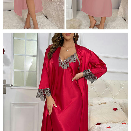 Women's Long Suspender Dress Nightgown 2-piece Set-Imitation Silk  Lace-up Sexy Pajamas Home Clothes