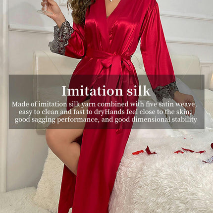 Women's Long Suspender Dress Nightgown 2-piece Set-Imitation Silk  Lace-up Sexy Pajamas Home Clothes