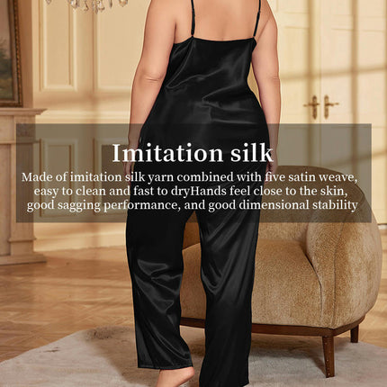 Womens Imitation Silk Satin Pajamas Set Halter Top and Long Pant Silk Surface Pj Set