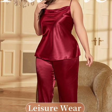 Womens Imitation Silk Satin Pajamas Set Halter Top and Long Pant Silk Surface Pj Set