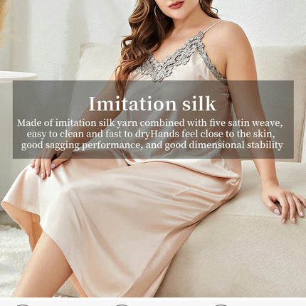 Women Imitation Silk Lingerie V Neck Nightwear Satin Sleepwear Lace Chemise Long skirt