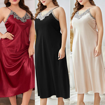 Women Imitation Silk Lingerie V Neck Nightwear Satin Sleepwear Lace Chemise Long skirt