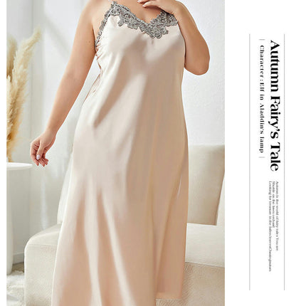 Women Imitation Silk Lingerie V Neck Nightwear Satin Sleepwear Lace Chemise Long skirt