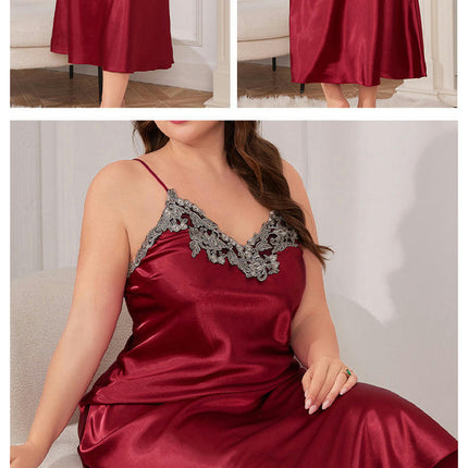 Women Imitation Silk Lingerie V Neck Nightwear Satin Sleepwear Lace Chemise Long skirt