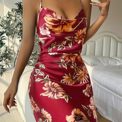 Women Imitation Silk Lingerie V Neck Nightwear Satin Sleepwear Flower Prints Chemise Mini Teddy