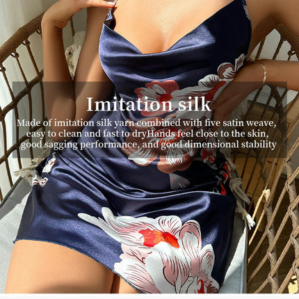 Women Imitation Silk Lingerie V Neck Nightwear Satin Sleepwear Flower Prints Chemise Mini Teddy