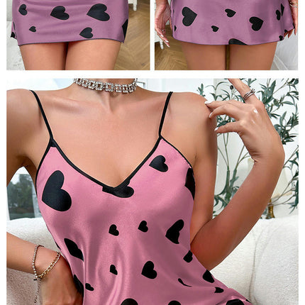 Women's Imitation Ice Silk Pajamas Suspender Dress Backless Nightdress Love Short Skirt