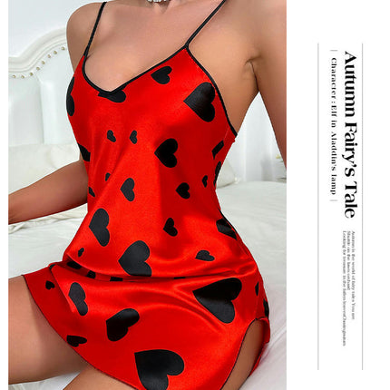 Women's Imitation Ice Silk Pajamas Suspender Dress Backless Nightdress Love Short Skirt