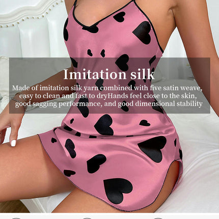 Women's Imitation Ice Silk Pajamas Suspender Dress Backless Nightdress Love Short Skirt