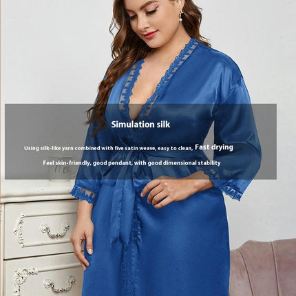 Women's Imitation Silk Satin Robe Lace Trim V Neck Long Sleeve Belted Kimono Robes Sleepwear