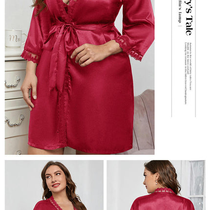 Women's Imitation Silk Satin Robe Lace Trim V Neck Long Sleeve Belted Kimono Robes Sleepwear