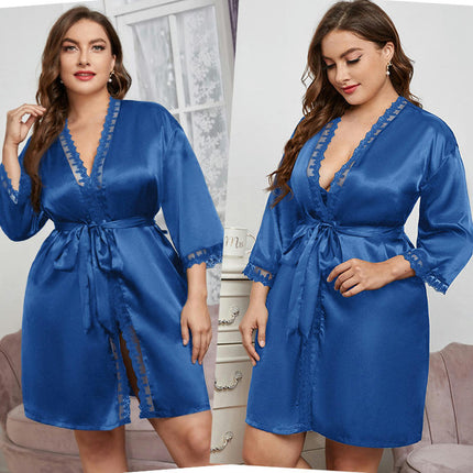 Women's Imitation Silk Satin Robe Lace Trim V Neck Long Sleeve Belted Kimono Robes Sleepwear