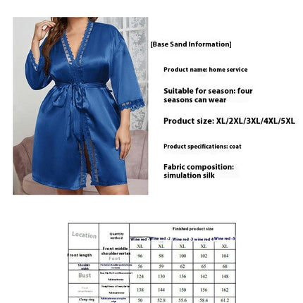 Women's Imitation Silk Satin Robe Lace Trim V Neck Long Sleeve Belted Kimono Robes Sleepwear