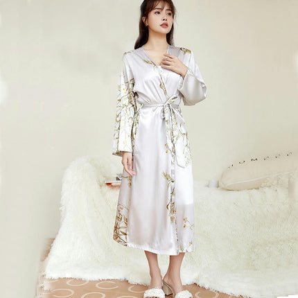 Women's Mid-length Printed Suspender Nightdress Imitation Silk Sexy Pajamas Robe