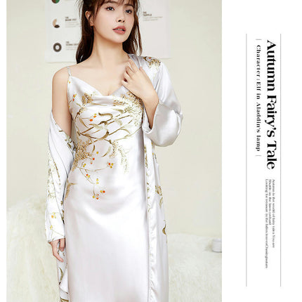 Women's Mid-length Printed Suspender Nightdress Imitation Silk Sexy Pajamas Robe