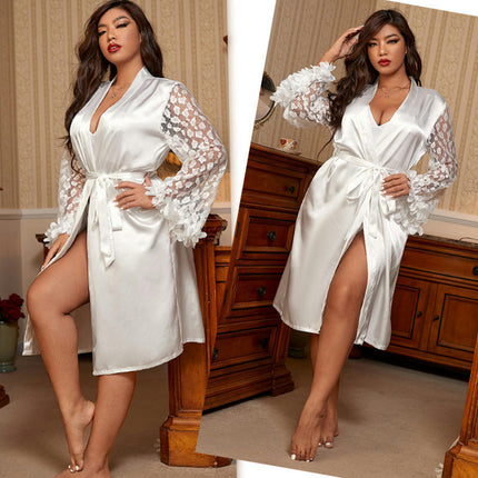 Plus Size Loose Bathrobe Lace Pajamas Women Simulation Silk Home Clothes Cardigan