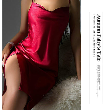 Women's Imitation Silk Lingerie Satin Chemise Side Slit Nightgown Full Slips Sleepwear