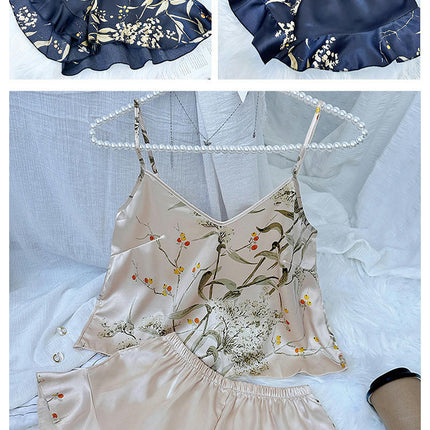 Women's Imitation Silk Satin Pajama Set 2 Piece Camisole and Shorts Nightgown with Ruffles