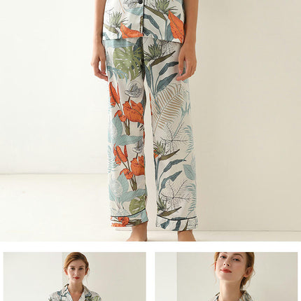 Women's Imitation Silk Pajama Set Leaf Print Lapel Button Short Sleeve Pants Set