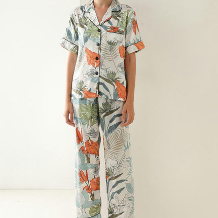 Women's Imitation Silk Pajama Set Leaf Print Lapel Button Short Sleeve Pants Set