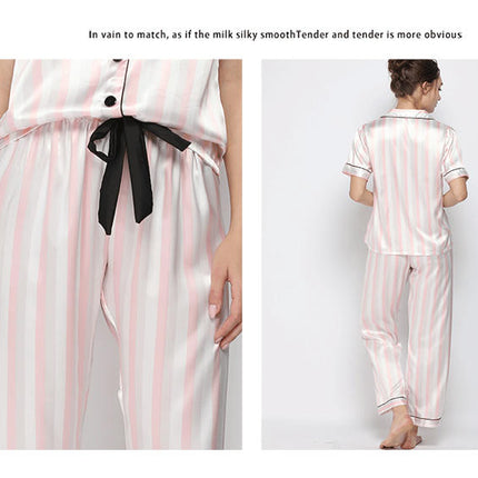 Women's Imitation Silk Pajama Set Leaf Print Lapel Button Short Sleeve Pants Set