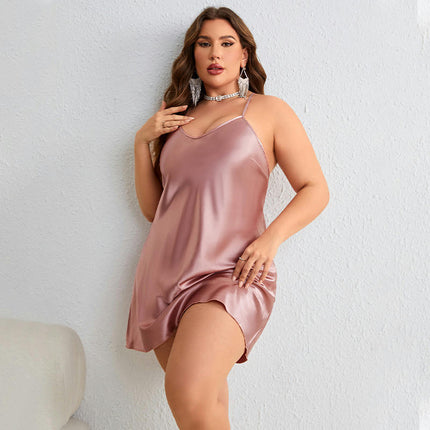 Satin Nightshirts Sexy Imitation Silk Nightdress Spaghetti Strap Short Negligee with Deep V Neck