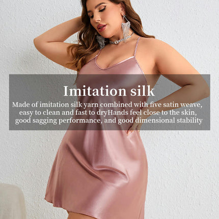 Satin Nightshirts Sexy Imitation Silk Nightdress Spaghetti Strap Short Negligee with Deep V Neck