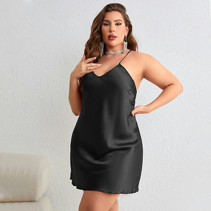 Satin Nightshirts Sexy Imitation Silk Nightdress Spaghetti Strap Short Negligee with Deep V Neck