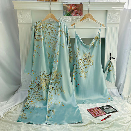 Sleepwear Women's Imitation Silk Nightgown with Robes Set 2 Piece Sexy Lace Cami Nightwear