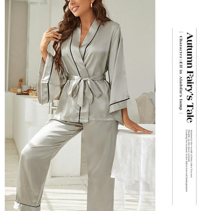 Imitation Silk Pajama Set Women's Satin Long Sleeve Cardigan Pajamas Long 2-piece Set