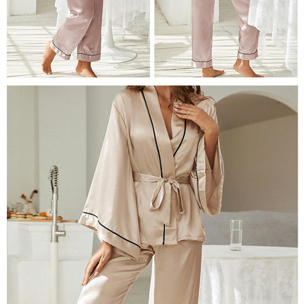 Imitation Silk Pajama Set Women's Satin Long Sleeve Cardigan Pajamas Long 2-piece Set