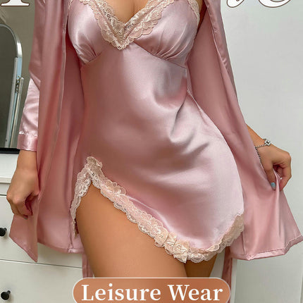 Women's Imitation Silk Pajama Sets with Sexy Lace Cami Nightwear Kimono Robes 2 Piece