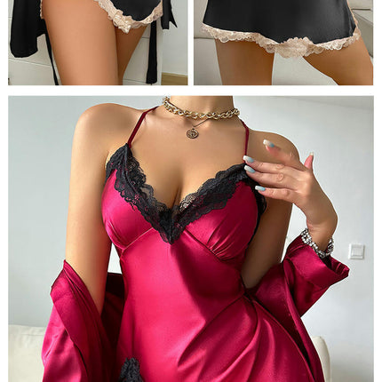 Women's Imitation Silk Pajama Sets with Sexy Lace Cami Nightwear Kimono Robes 2 Piece