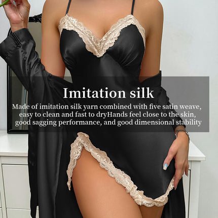 Women's Imitation Silk Pajama Sets with Sexy Lace Cami Nightwear Kimono Robes 2 Piece