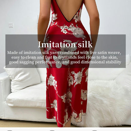 Women's Imitation Silk Long Nightdress Sexy Suspender Slit Printed Pajamas Bathrobe