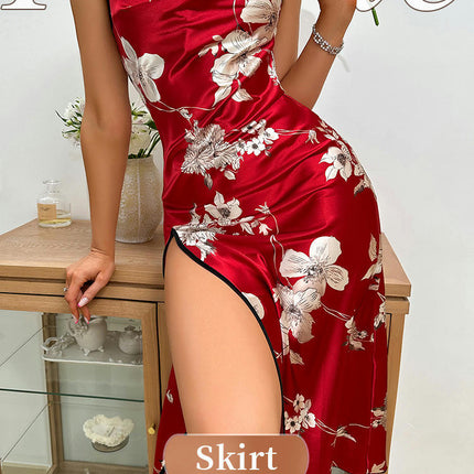 Women's Imitation Silk Long Nightdress Sexy Suspender Slit Printed Pajamas Bathrobe